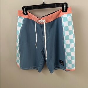 Quiksilver Men's Teal and Peach Checkered Swim Shorts
